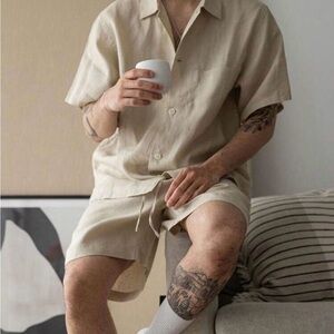 Set! Men's Beige Drawstring Linen-Blend